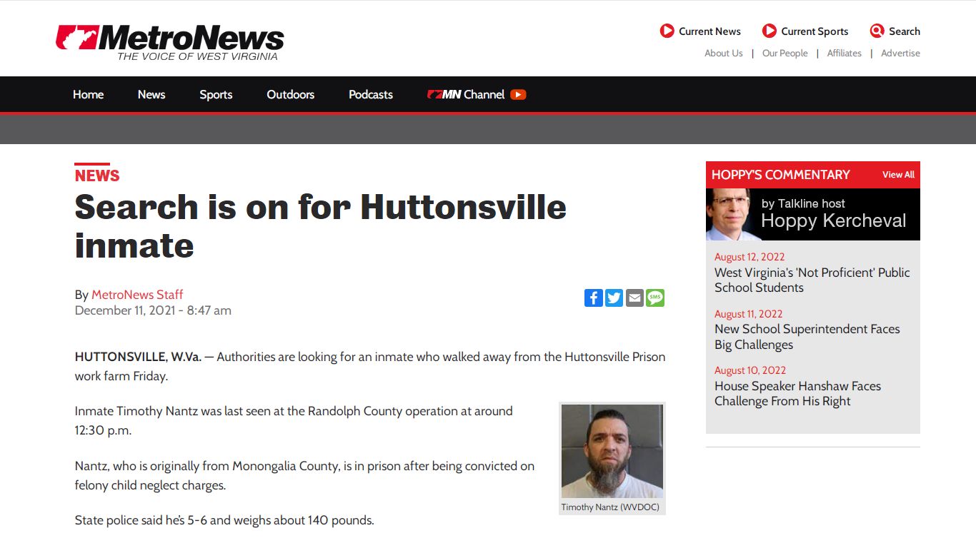 Search is on for Huttonsville inmate - WV MetroNews